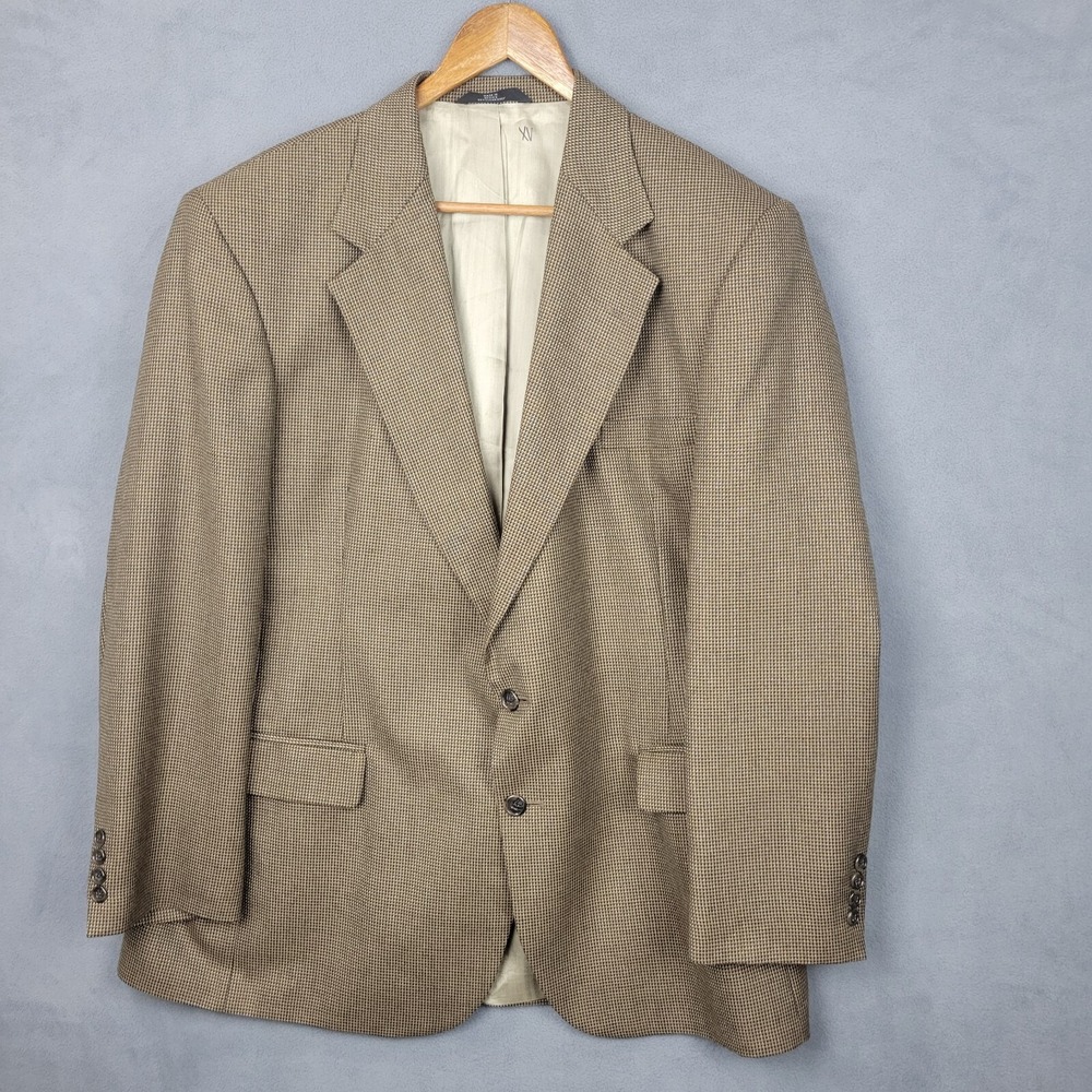 Haggar Blazer Jacket Mens 46R Beige Houndstooth Wool Notch Lapel Single Breasted